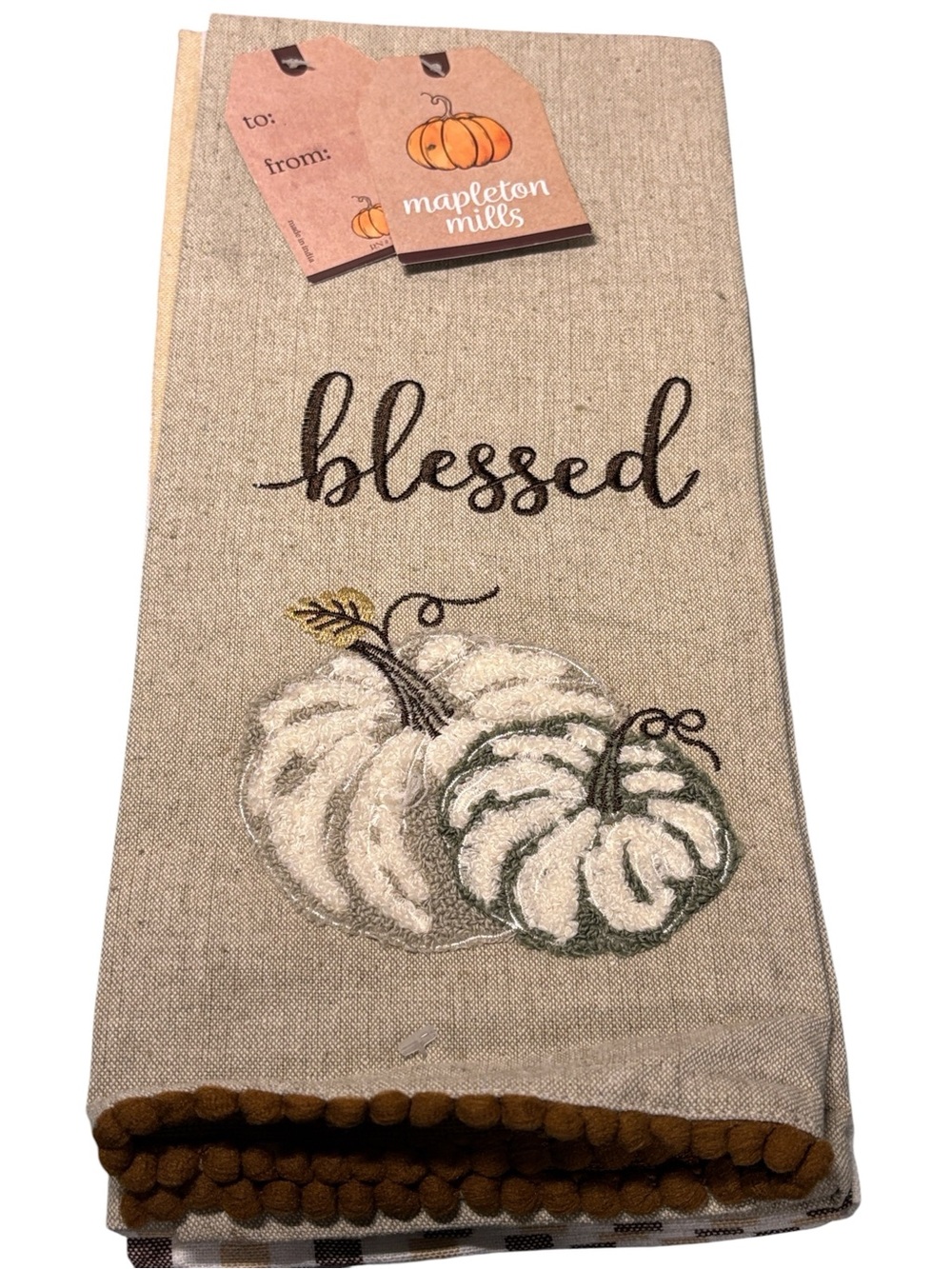 Mapleton Mills Blessed Embroidered Pumpkin Kitchen Towel Set of 2 NWT